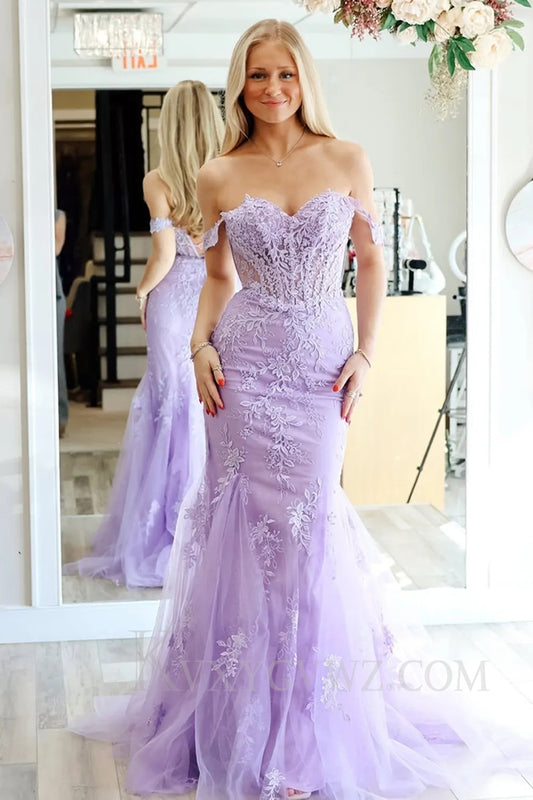 Lilac Appliqued Off The Shoulder Tulle Prom Dress LF053