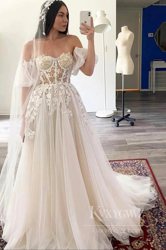 Romantic Boho Wedding Dress with Lace Details Puff Sleeves Sweep Train HS531