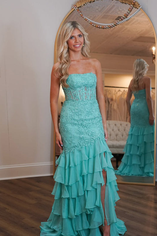 Stunging Mermaid Strapless Mint Chiffon Prom Dress Gown with Appliques LF1301