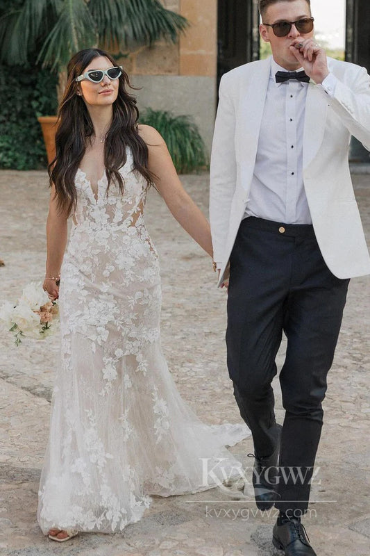 Boho-Inspired Lace Bridal Gown V-Neck Mermaid Wedding Dress HS533