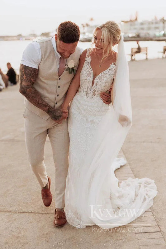 Bohemian Lace Sweep Train Bridal Gown V-Neck Mermaid Wedding Dress HS534