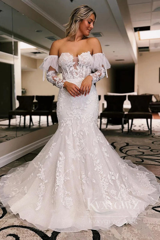 Stunning Off-Shoulder Lace Mermaid Wedding Dress with Long Sleeves Bridal Gown HS537