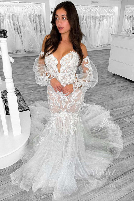Elegant Sweetheart Lace Mermaid Wedding Dress with Long Sleeves Bridal Gown HS538