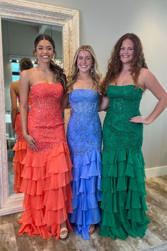 Stunging Sheath Scoop Neck Chiffon Tiered Slit Prom Dress Gown with Appliques LF1287