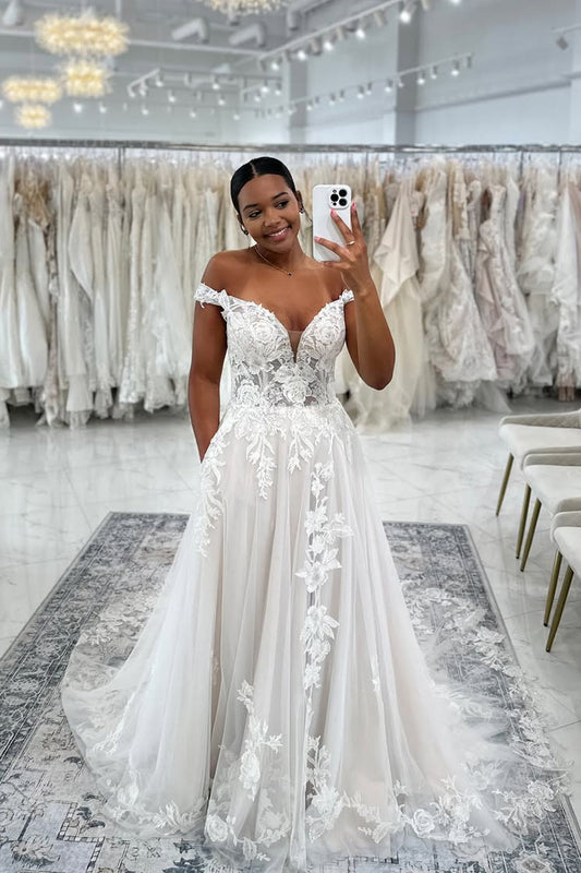 Boho A Line Off the Shoulder Tulle Wedding Dresses Gown with Appliques HS820