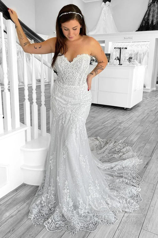Classic Strapless Mermaid Lace Wedding Dress Sweetheart Sweep Train Bridal Gown HS542