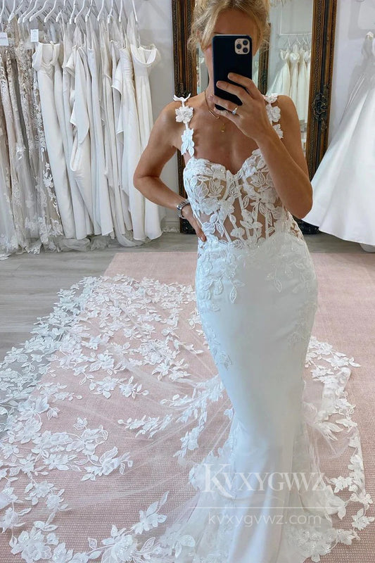 Elegant Lace Mermaid Wedding Dress with Floral Details & Delicate Spaghetti Straps Bridal Gown HS544