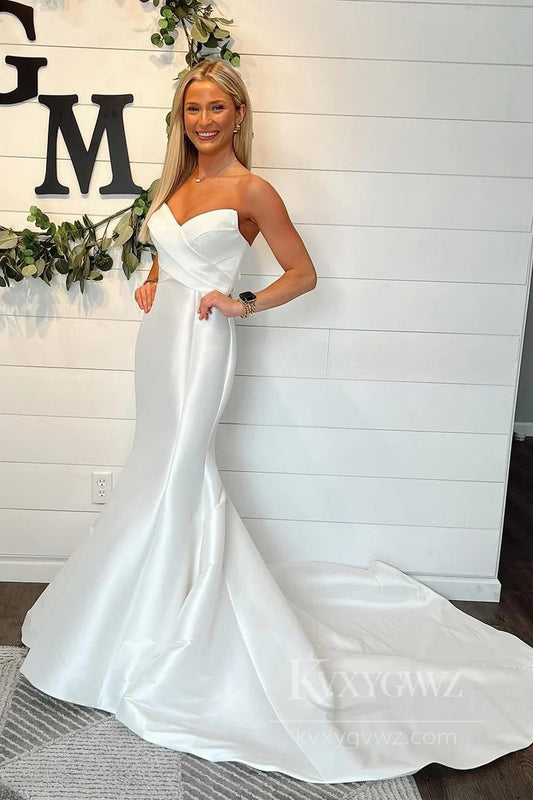 Elegant Strapless Satin Mermaid Wedding Gown with Dramatic Train Bridal Gown HS547