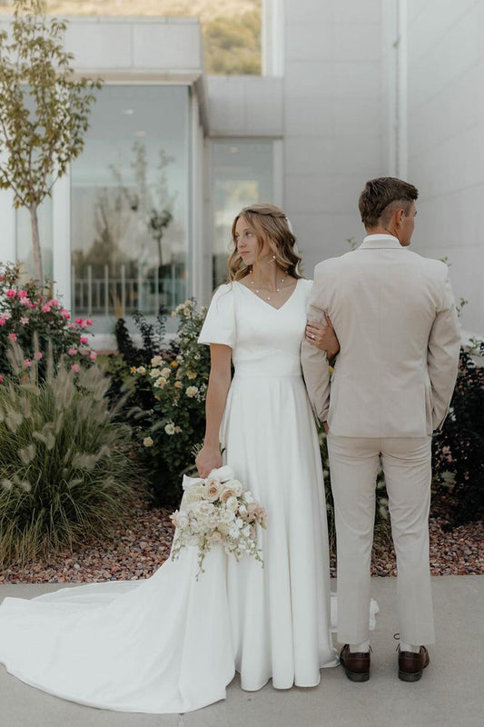 Graceful Simple A Line V Neck Satin Wedding Dresses Gown with Ruffled Sleeves HS983