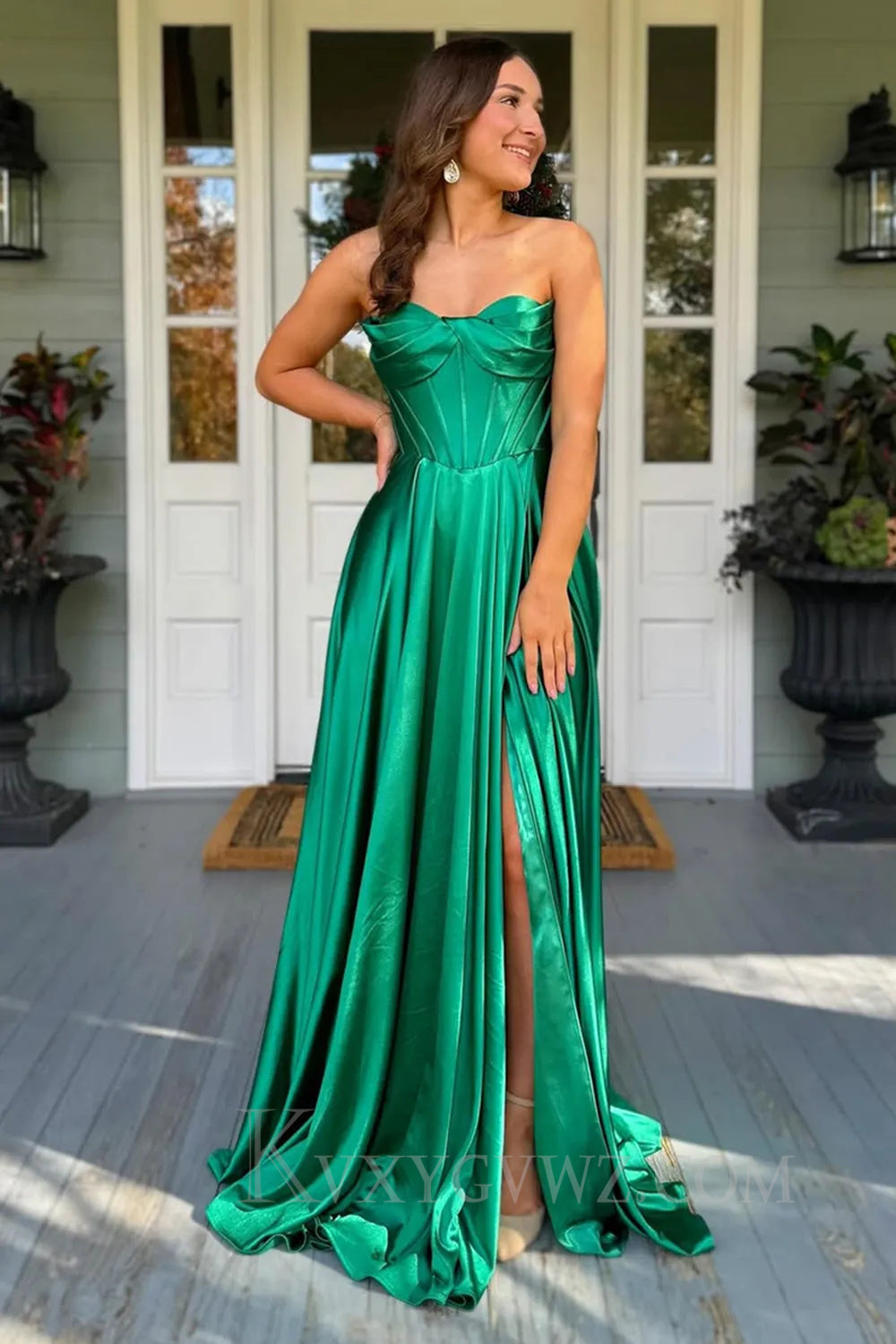 Dark Green Satin Corset A Line Prom Dress with Slit LF055