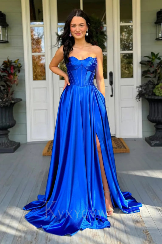Dark Green Satin Corset A Line Prom Dress with Slit LF055