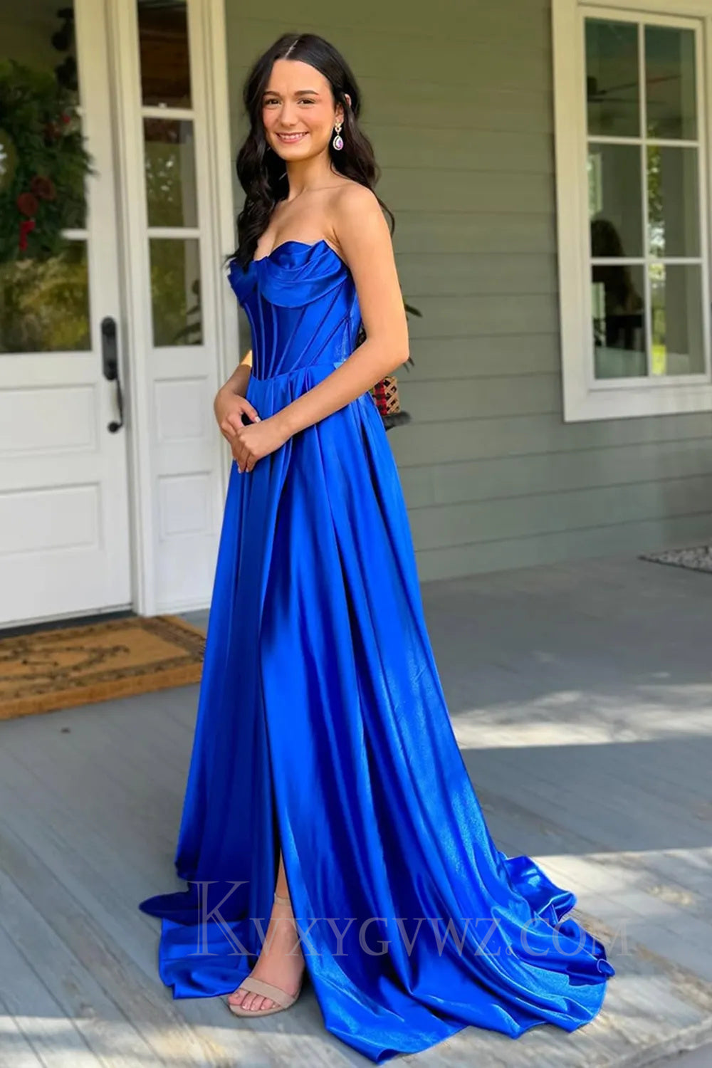 Dark Green Satin Corset A Line Prom Dress with Slit LF055