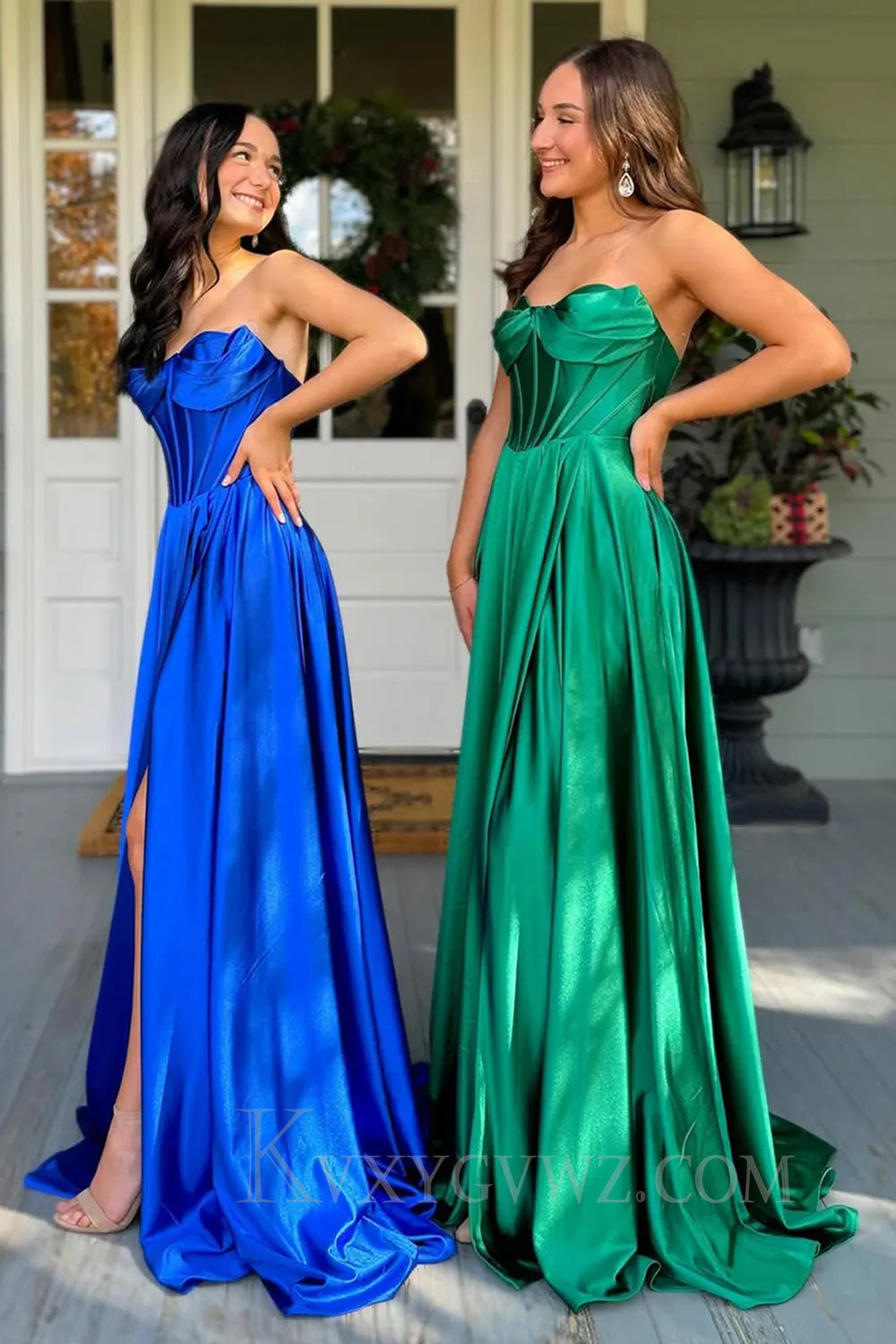 Dark Green Satin Corset A Line Prom Dress with Slit LF055