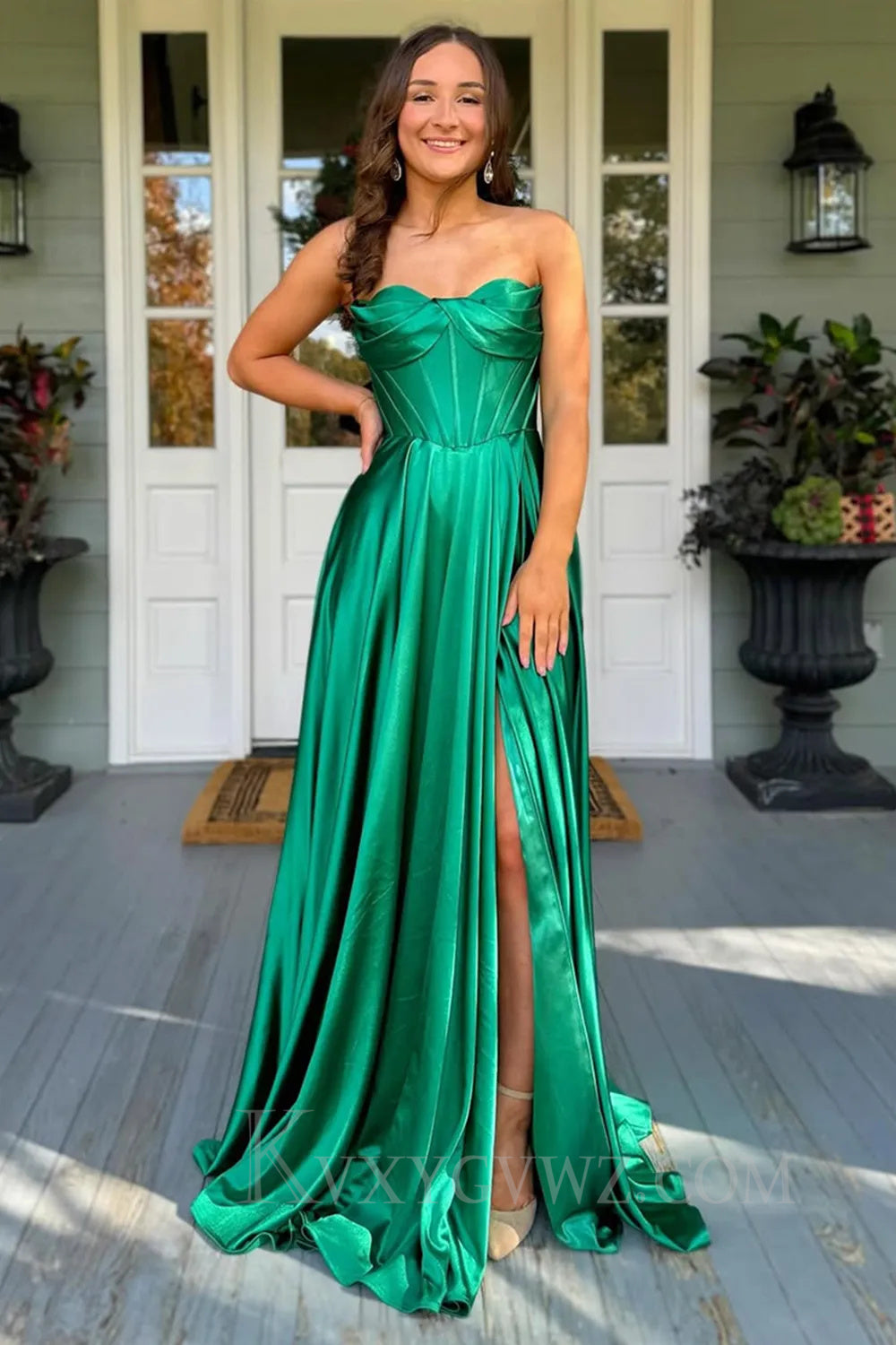 Dark Green Satin Corset A Line Prom Dress with Slit LF055