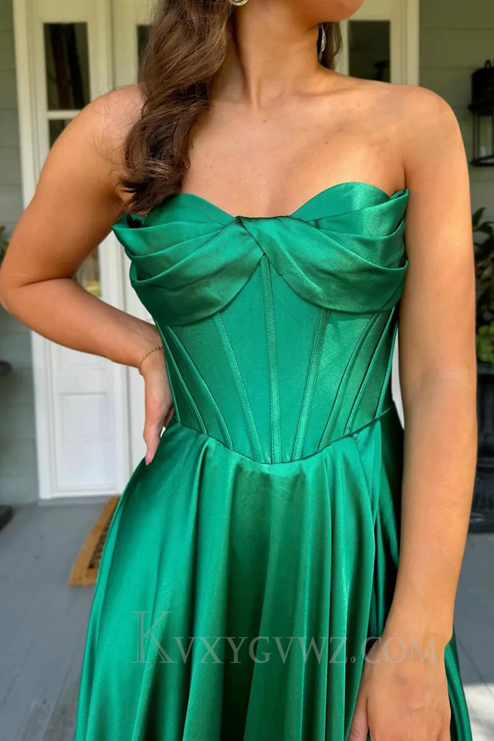 Dark Green Satin Corset A Line Prom Dress with Slit LF055