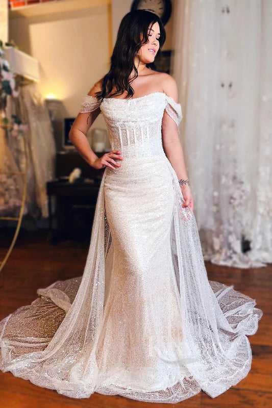 Sparkling Off-Shoulder Sequin Wedding Dress with Dramatic Train Bridal Gown HS550
