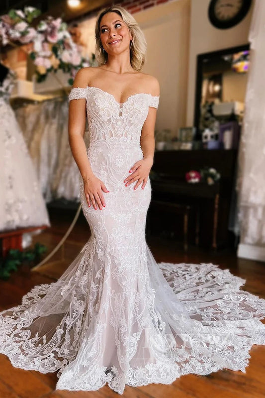 Dreamy Off-the-Shoulder Mermaid Wedding Dress with Chapel Train Bridal Gown HS552