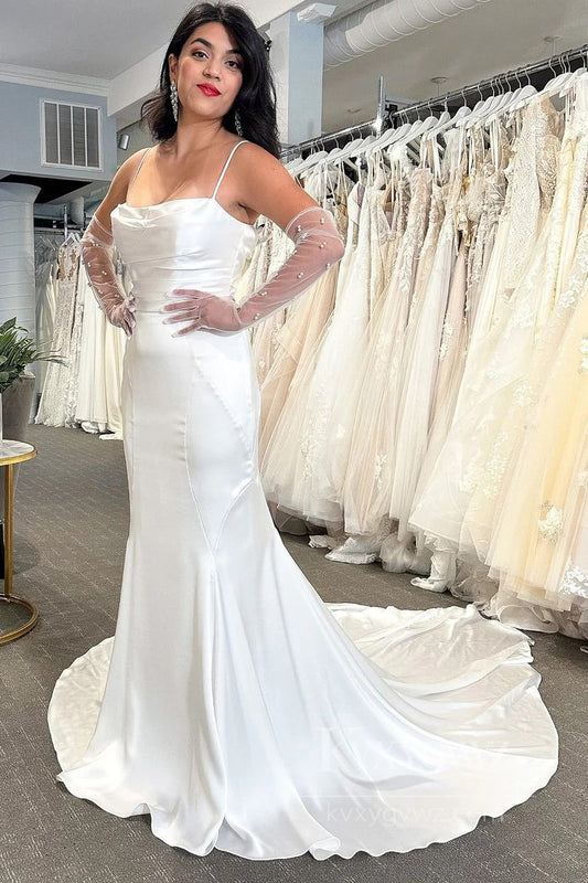 Lustrous Satin Spaghetti Strap Mermaid Gown with Chapel Train Bridal Gown HS553