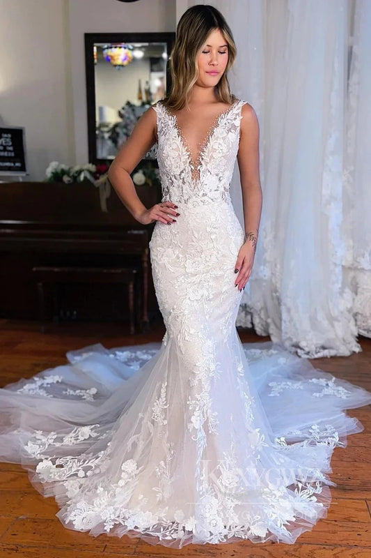 Enchanting V-Neck Lace Mermaid Wedding Dress with Dramatic Chapel Train Bridal Gown HS554