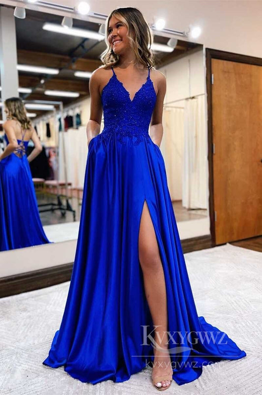 Lace & Liquid Satin Prom Dresses Strappy Slip with Floral Lace Evening Dresses LF557