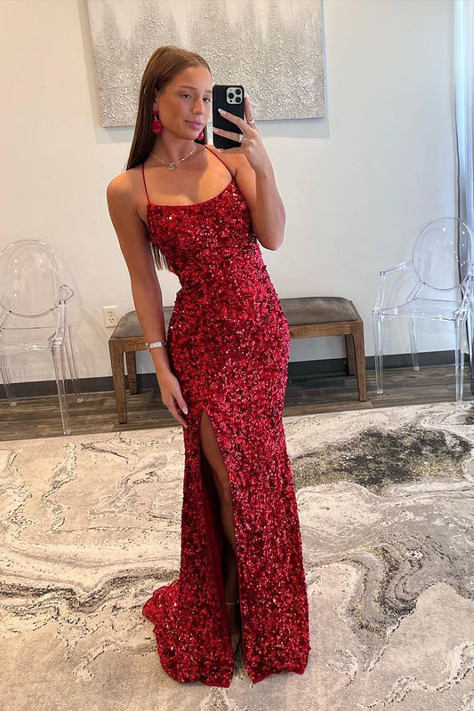 Red Sequin Scoop Neck Long Prom Dress Gown with Slit LF1093