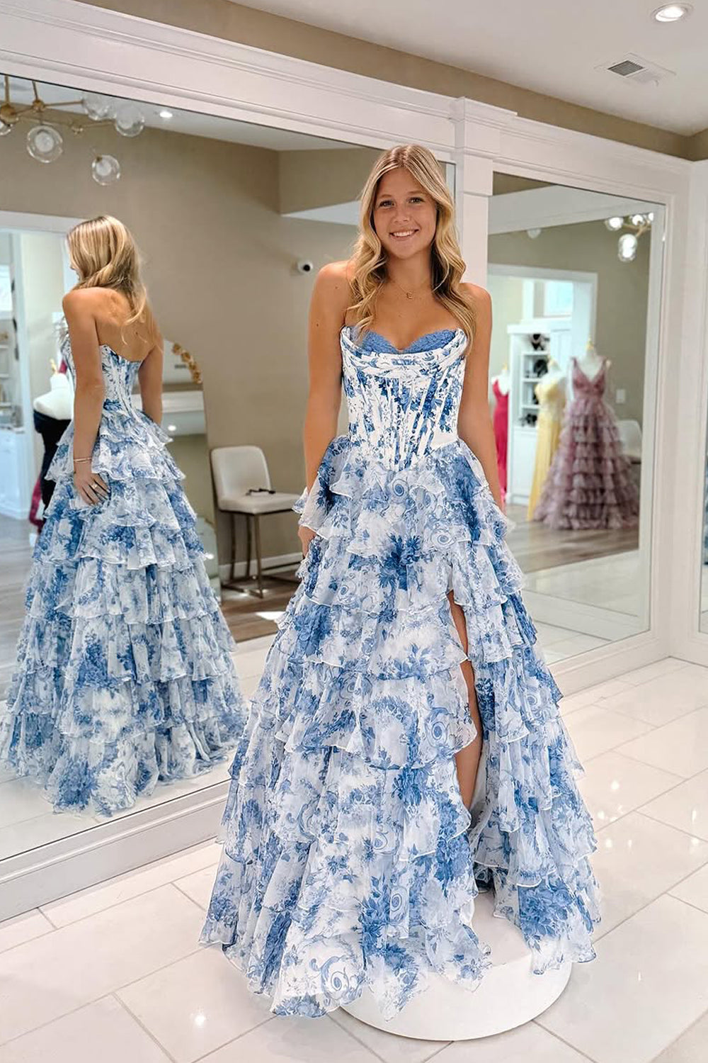 Princess A-Line Strapless Blue Floral Printed Chiffon Long Prom Dress Gown with Slit LF1359