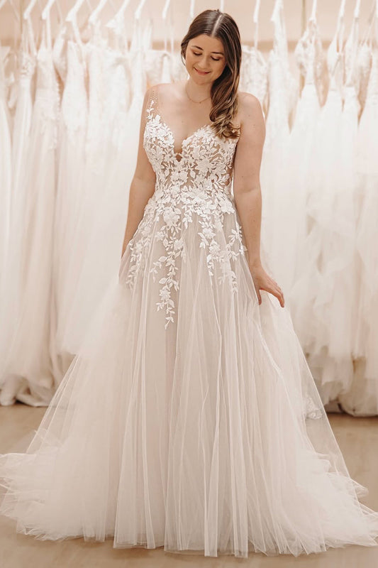 Pastoral Style A Line V Neck Tulle Long Wedding Dresses Gown with Appliques HS871