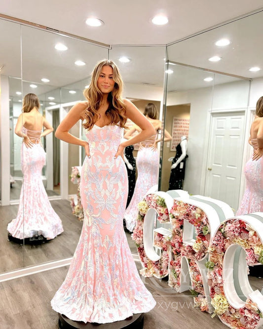 Strapless Mermaid Prom Dress Elegant Pink Sweep Train Evening Dress LF561