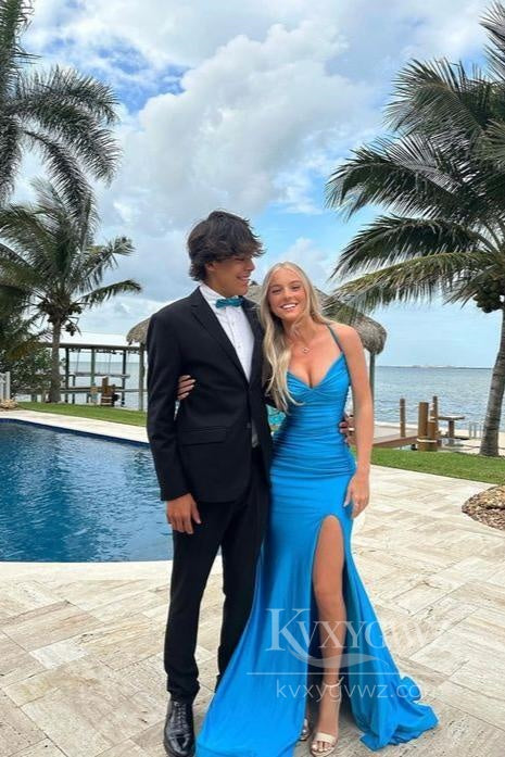 Elegant Mermaid Evening Dress Spaghetti Strap V Neck Blue Satin Slit Prom Dress LF564