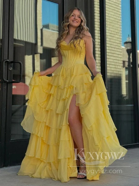 Dreamy Sweetheart Tiered Prom Dress Romantic Princess Evening Dress With Slit LF567