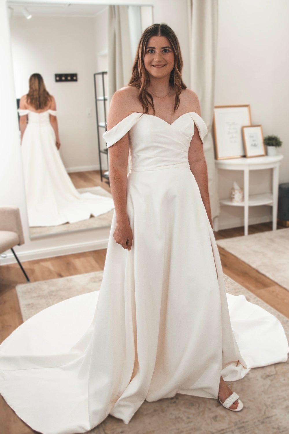 Graceful A Line Off the Shoulder Satin Wedding Dresses Gown HS915