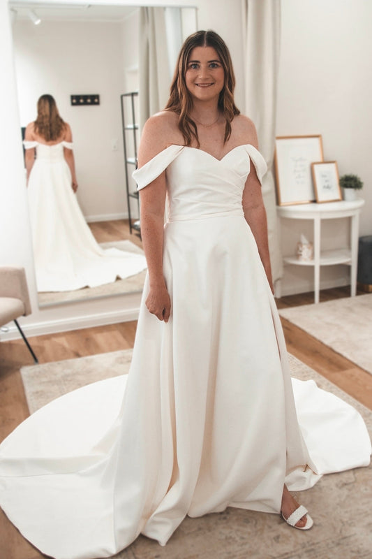 Graceful A Line Off the Shoulder Satin Wedding Dresses Gown HS915