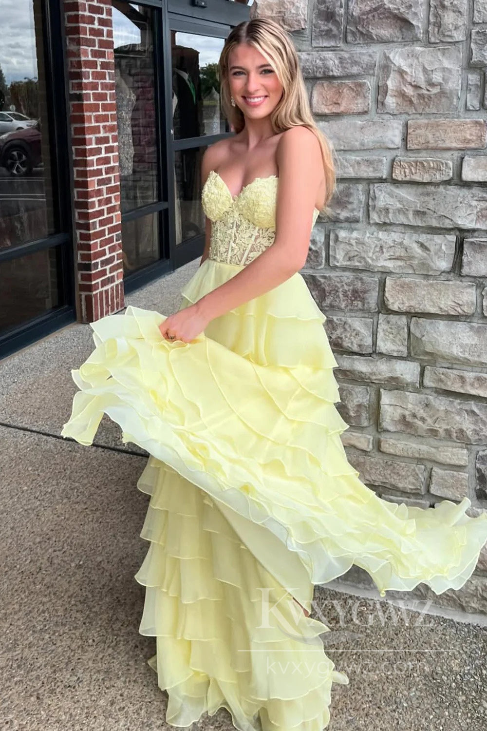 Sunshine Yellow Tiered Cake Prom Dress with 3D Florals Spring Garden Lace Up Evening Dress LF568