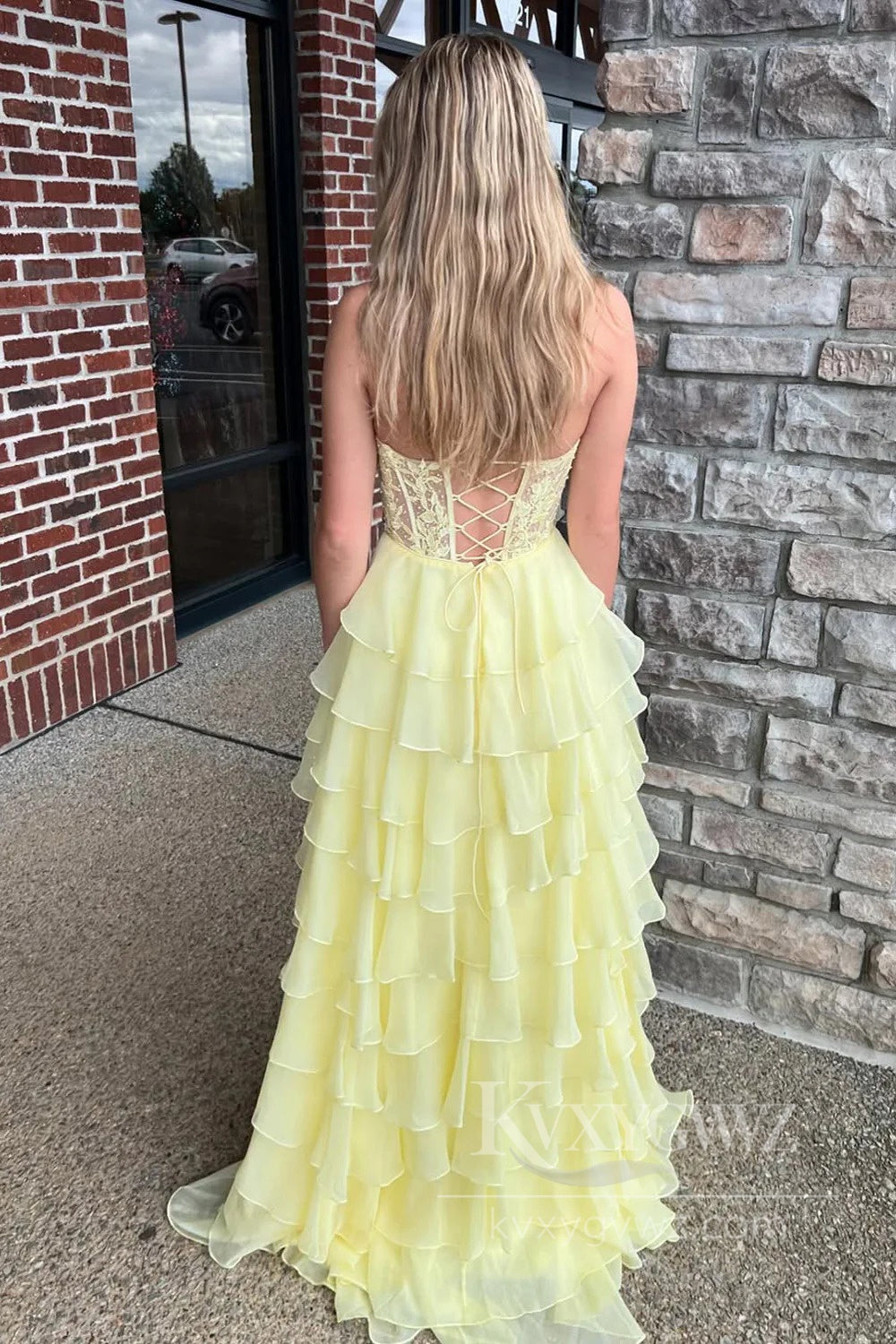 Sunshine Yellow Tiered Cake Prom Dress with 3D Florals Spring Garden Lace Up Evening Dress LF568