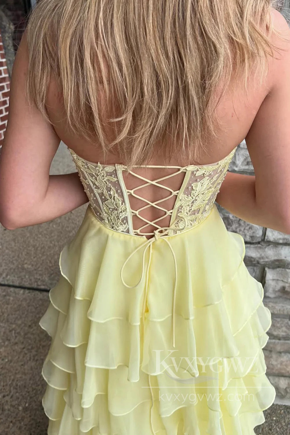 Sunshine Yellow Tiered Cake Prom Dress with 3D Florals Spring Garden Lace Up Evening Dress LF568