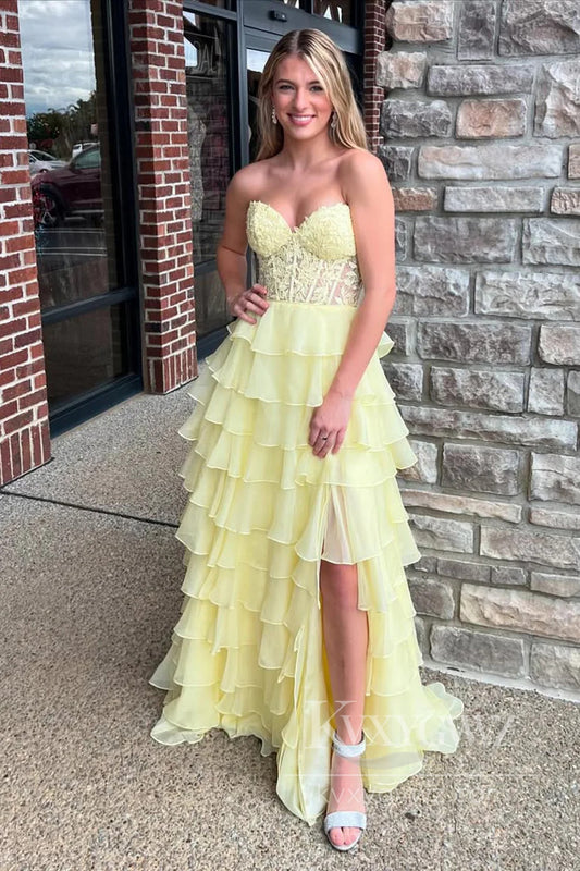 Sunshine Yellow Tiered Cake Prom Dress with 3D Florals Spring Garden Lace Up Evening Dress LF568