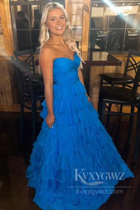 Cute A Line Sweetheart Evening Dresses Royal Blue Chiffon Tiered Long Prom Dresses LF569