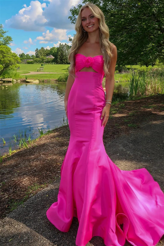 Mermaid Sweetheart Keyhole Pink Satin Prom Dress Gown with Bow LF1211