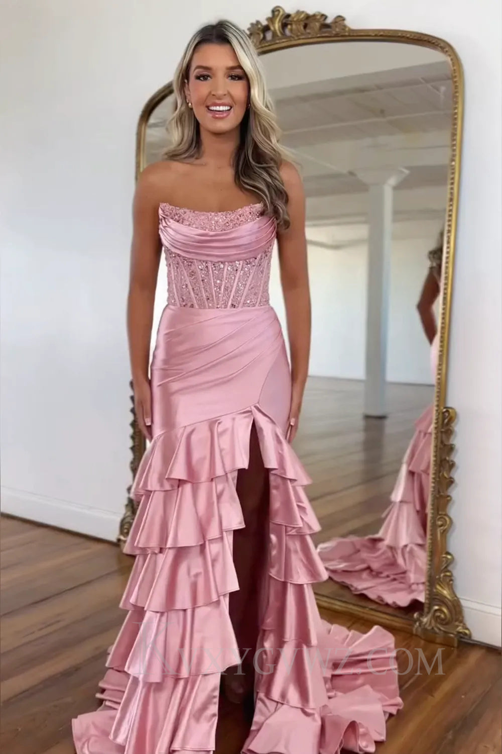 Blush Ruffled Mermaid Long Lace Satin Prom Dress with Slit LF057
