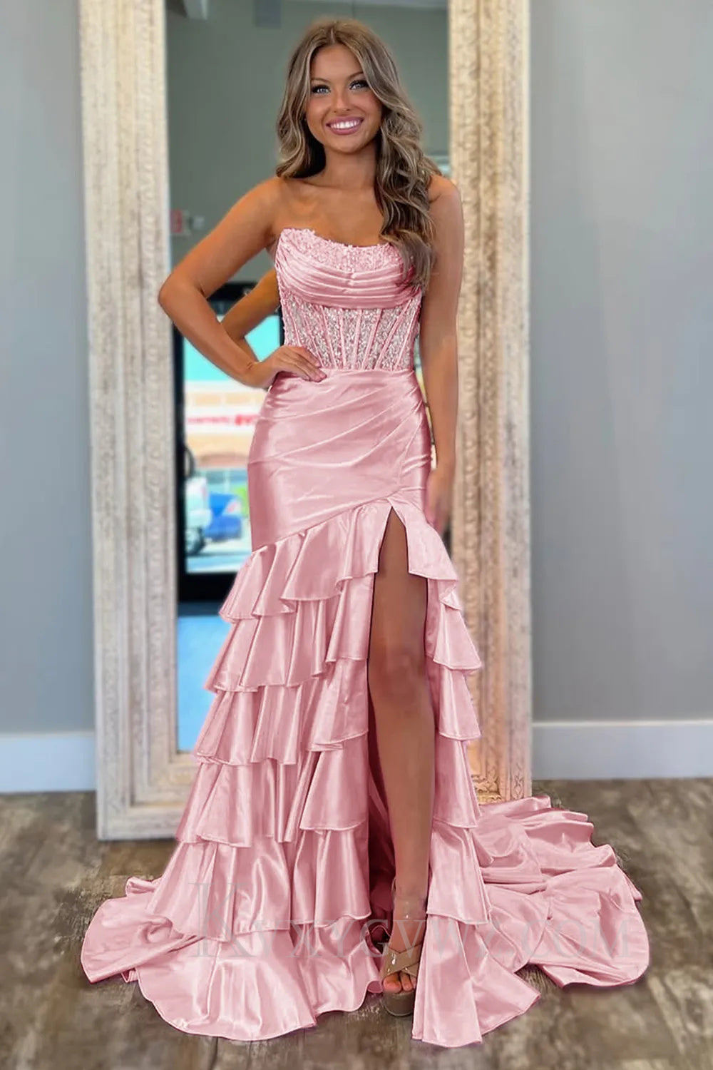 Blush Ruffled Mermaid Long Lace Satin Prom Dress with Slit LF057
