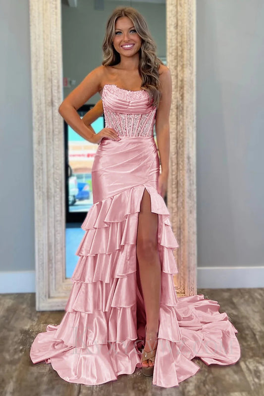 Blush Ruffled Mermaid Long Lace Satin Prom Dress with Slit LF057