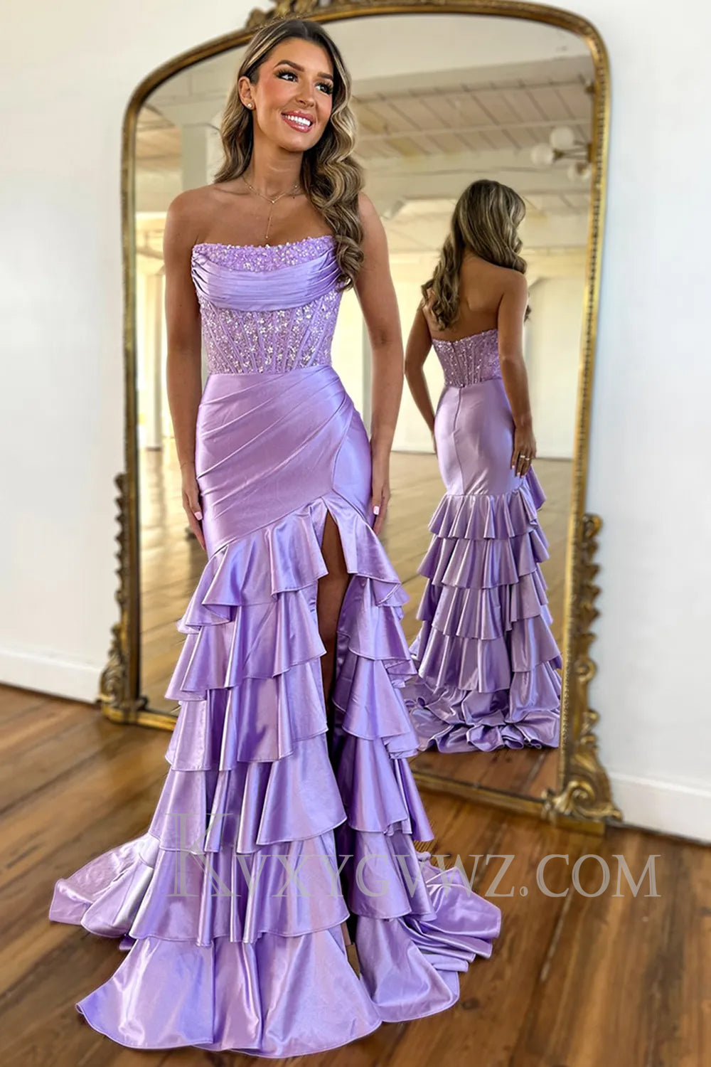 Blush Ruffled Mermaid Long Lace Satin Prom Dress with Slit LF057