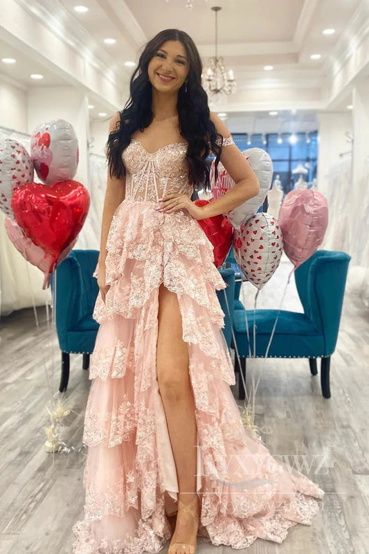 Dreamy Off-the-Shoulder Evening Dress Pink Lace Tiered Prom Dress LF570