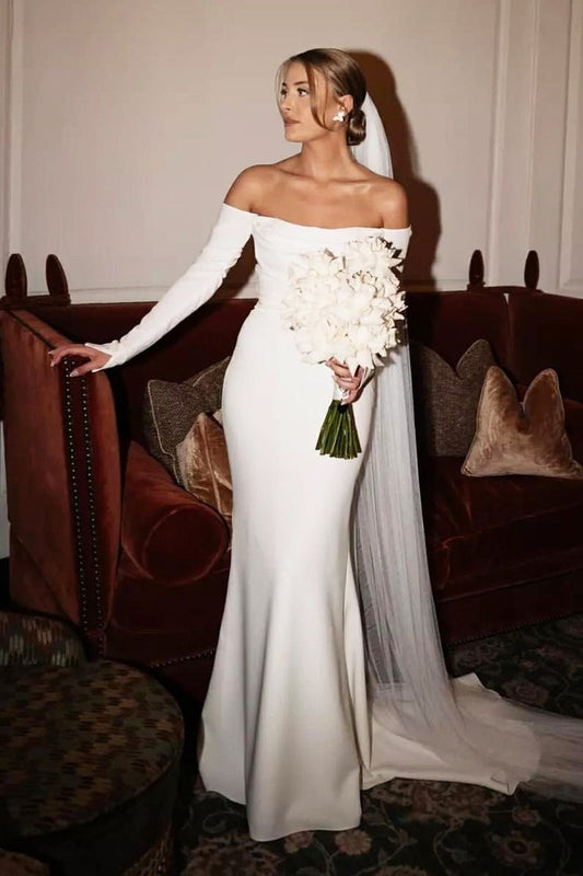 Charming Elegant Mermaid Strapless Elastic Satin Wedding Dresses/Gowns with Sleeves HS24101714