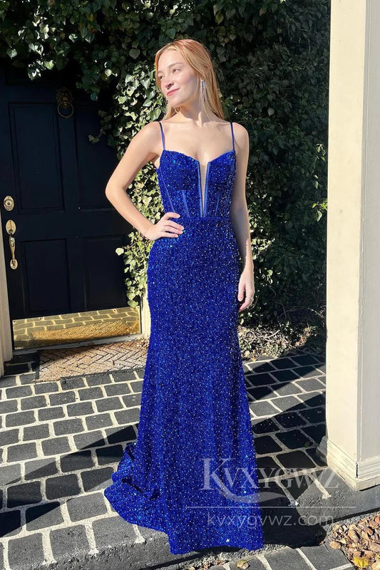 Velvet Sequins Lace Mermaid Prom Dress Spaghetti Straps Sweep Train Evening Dress LF576