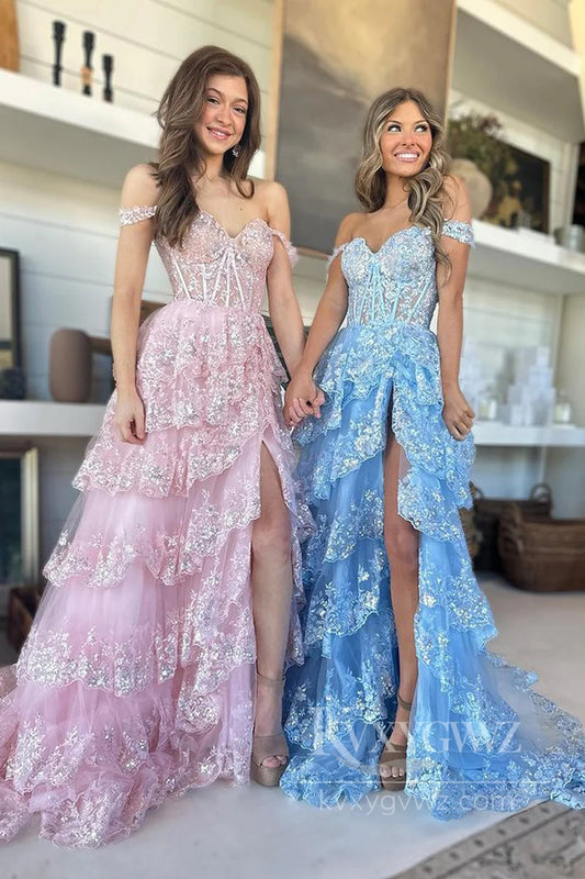 Enchanting Off-the-Shoulder Lace Tiered Prom Dress Fairytale Bridal Perfection Evening Dress LF577
