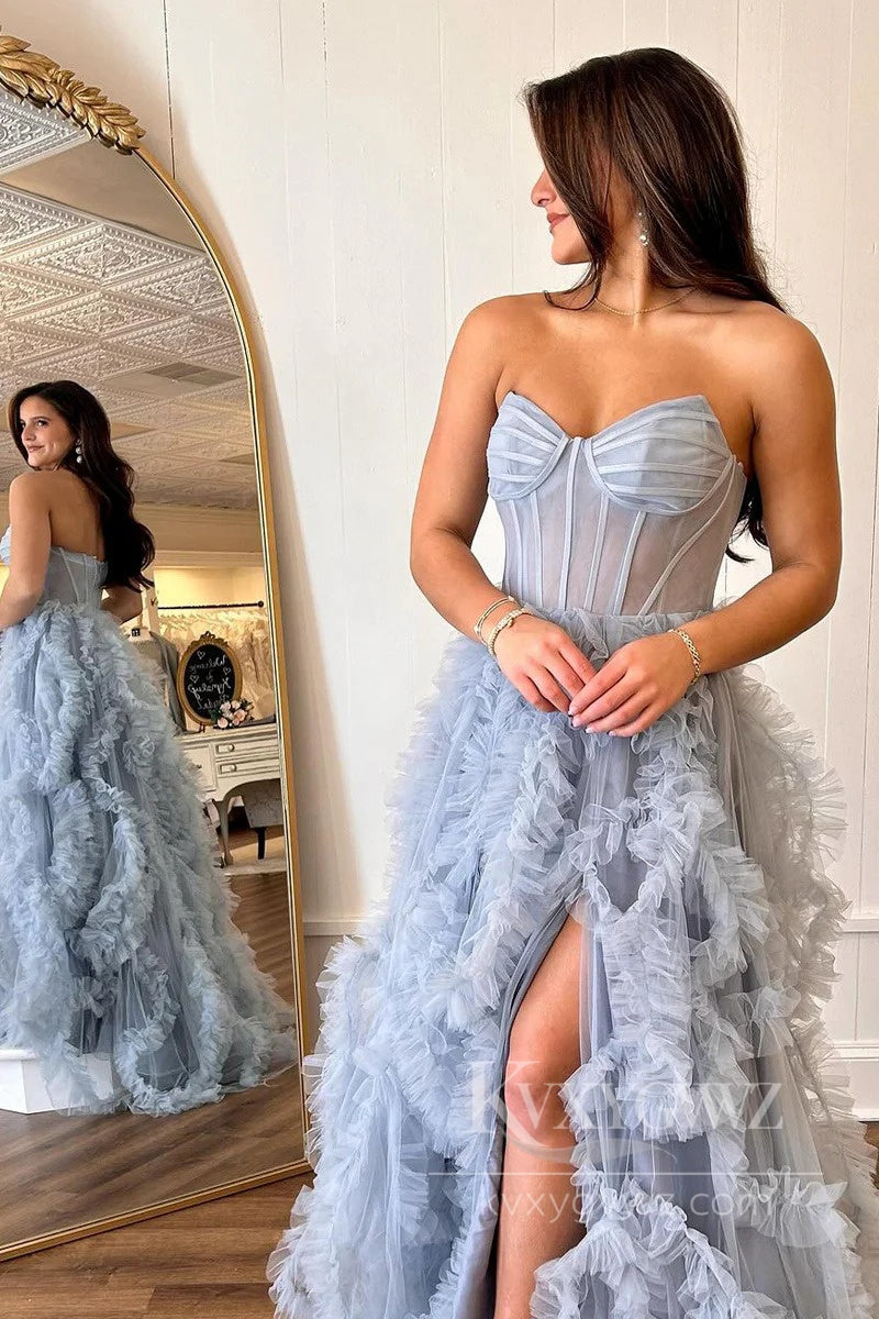 Blue Strapless Ruffle Tulle Evening Dresses A-Line Long Prom Dresses with Slit LF578