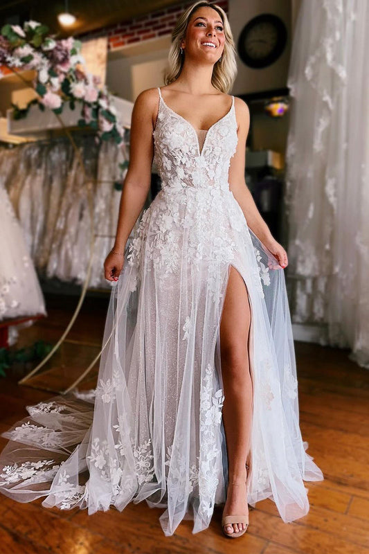 A-Line V Neck White Tulle Wedding Dresses Gown with Appliques HS736