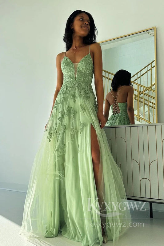 A-Line V Neck Sage Green Evening Dress Tulle Long Prom Dresses with Appliques LF579