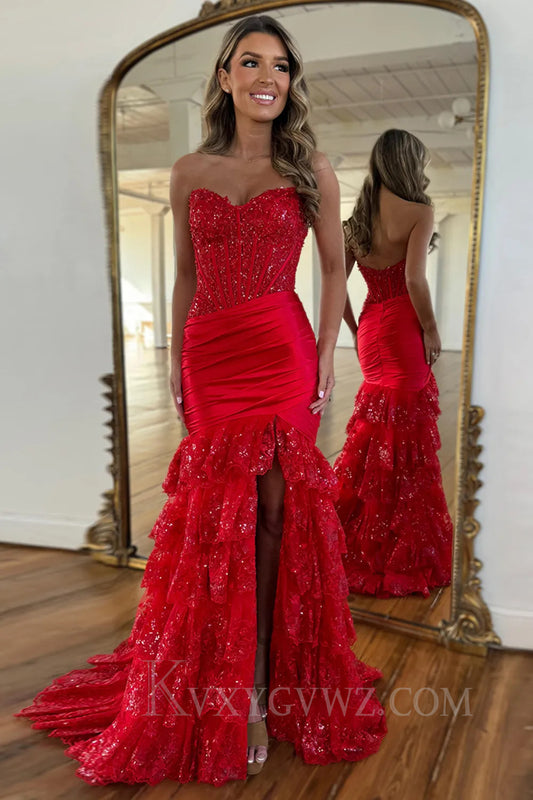 Sparkly Red Lace Ruffled Mermaid Prom Dress with Slit LF058